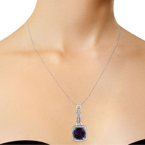 NIB .925 Silver Cushion Purple Amethyst & Diamond Bale 18" Pendant Necklace